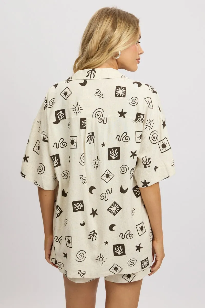Beige Abstract Relaxed Shirt Short Sleeve Linen Blend