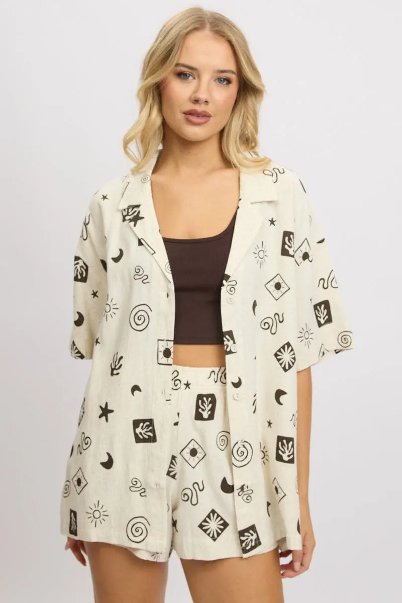 Beige Abstract Relaxed Shirt Short Sleeve Linen Blend