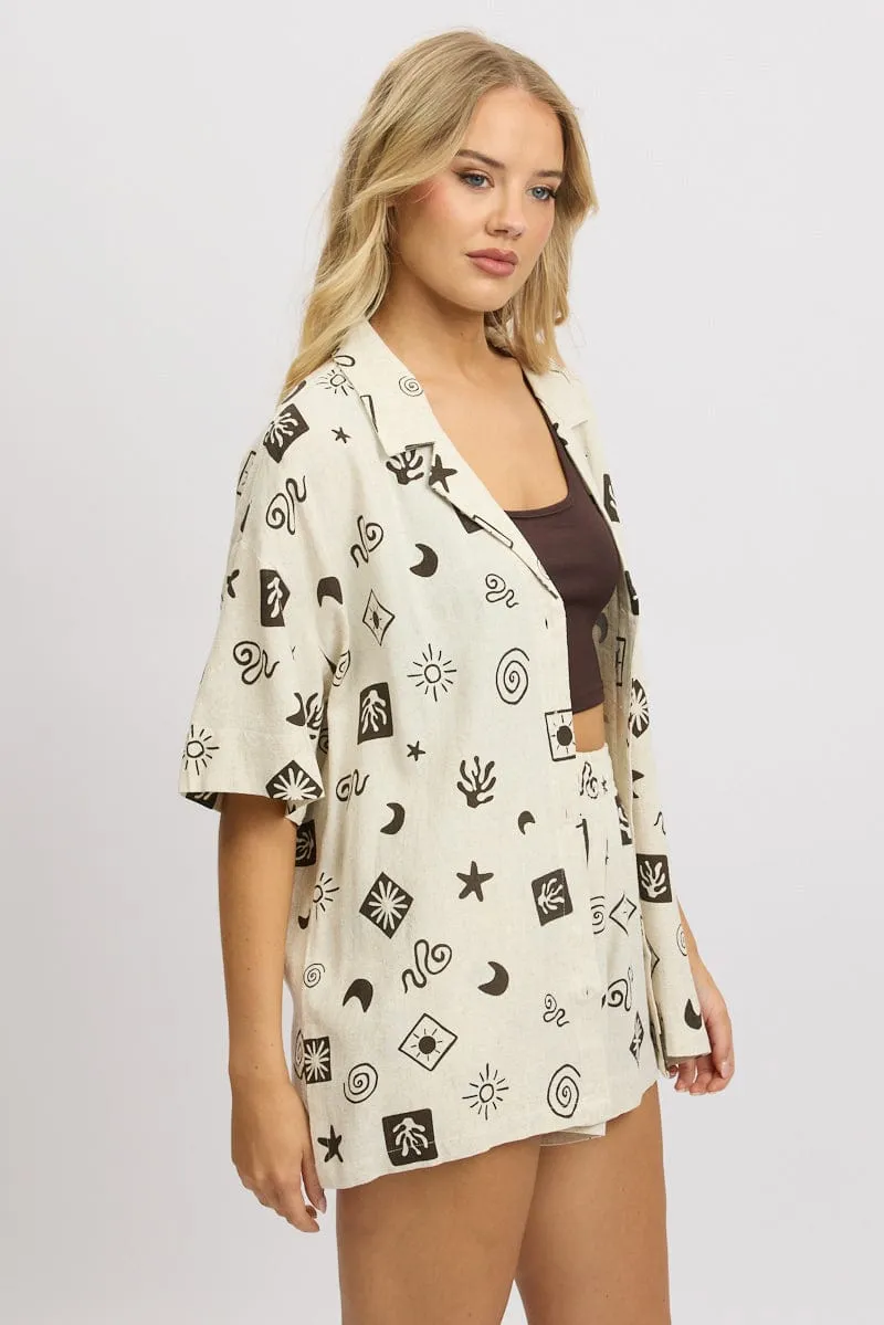 Beige Abstract Relaxed Shirt Short Sleeve Linen Blend