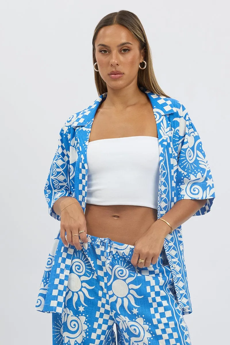 Blue Abstract Relaxed Shirt Short Sleeve Linen Blend