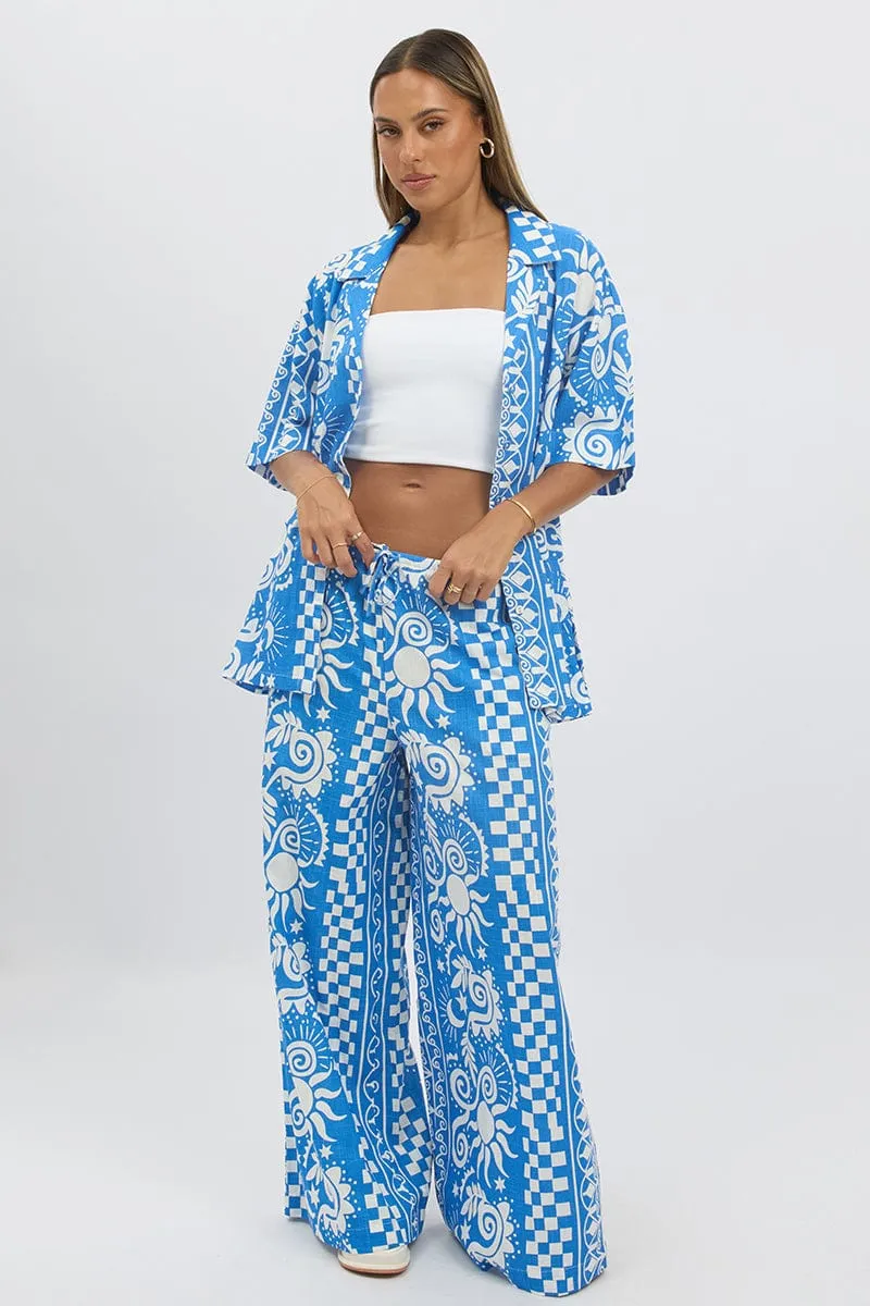 Blue Abstract Relaxed Shirt Short Sleeve Linen Blend