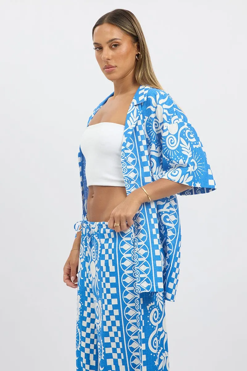 Blue Abstract Relaxed Shirt Short Sleeve Linen Blend
