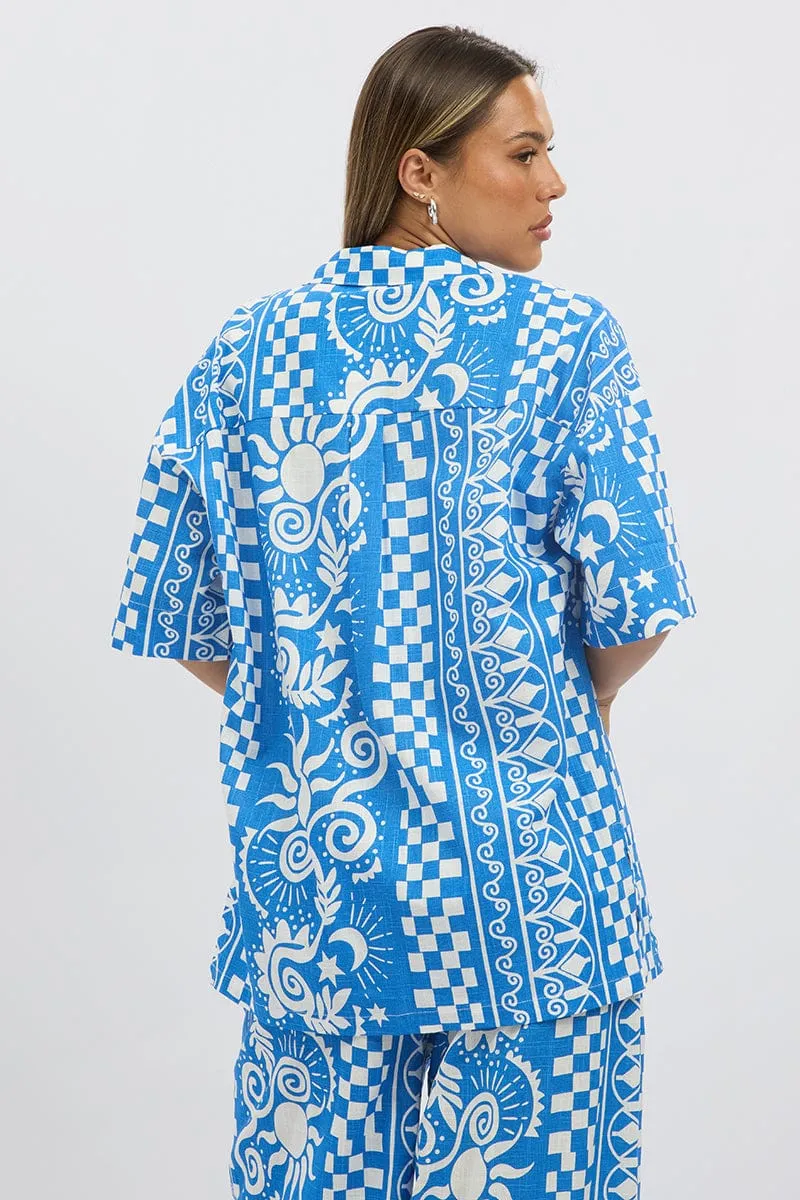 Blue Abstract Relaxed Shirt Short Sleeve Linen Blend
