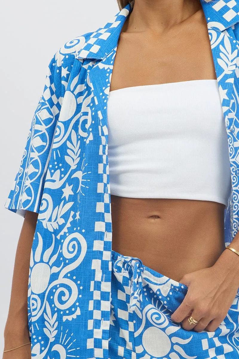 Blue Abstract Relaxed Shirt Short Sleeve Linen Blend