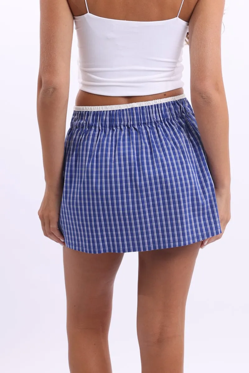 Blue Check Boxer Mini Skirt Mid Rise Relaxed Fit