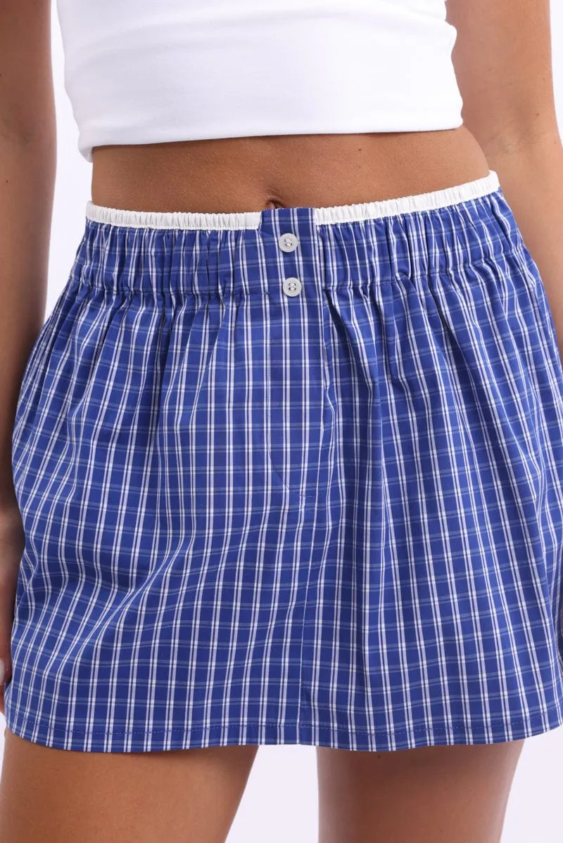 Blue Check Boxer Mini Skirt Mid Rise Relaxed Fit