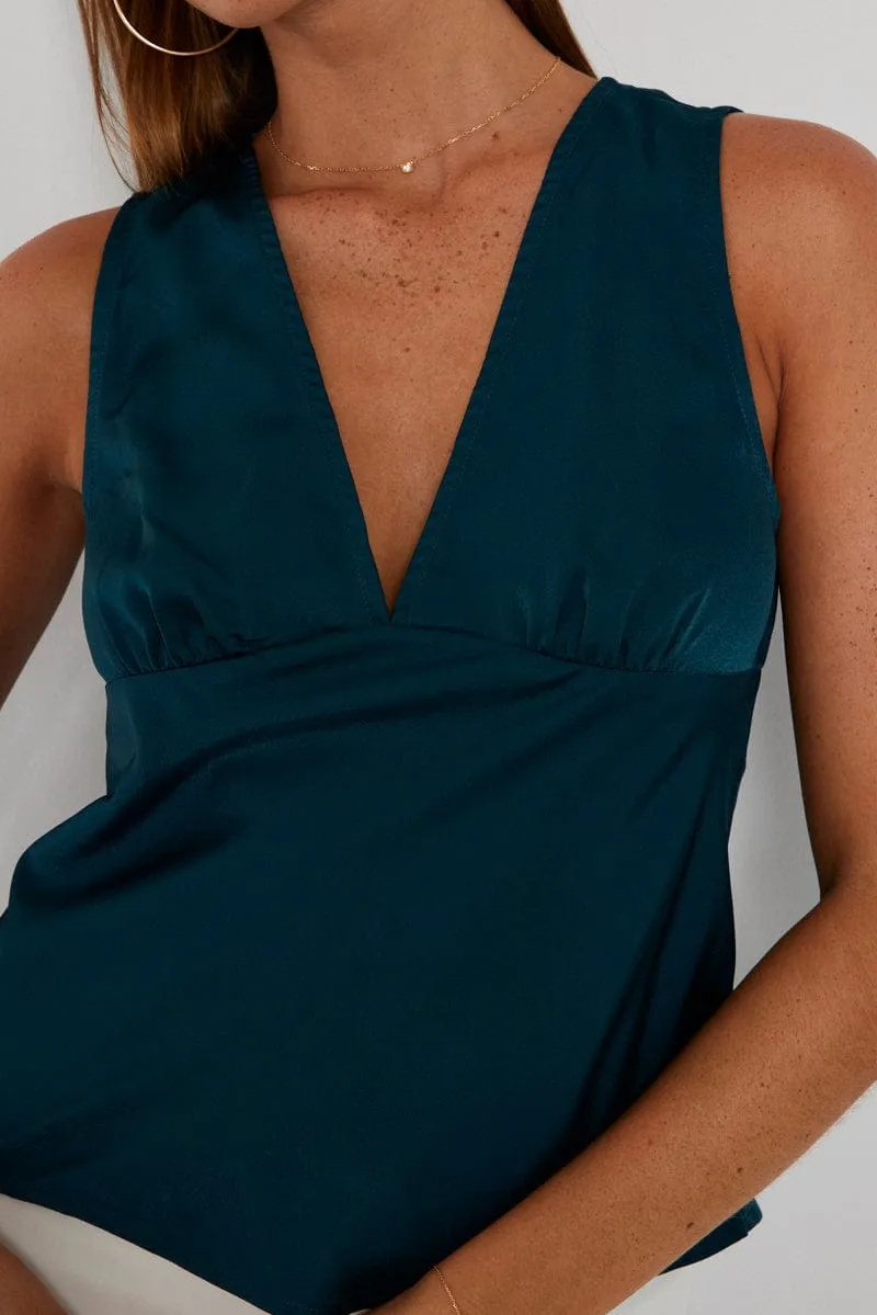 Blue Satin V Neck Top Sleeveless
