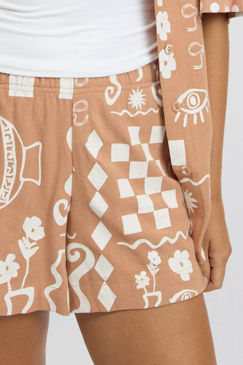 Brown Abstract Relaxed Shorts High Rise