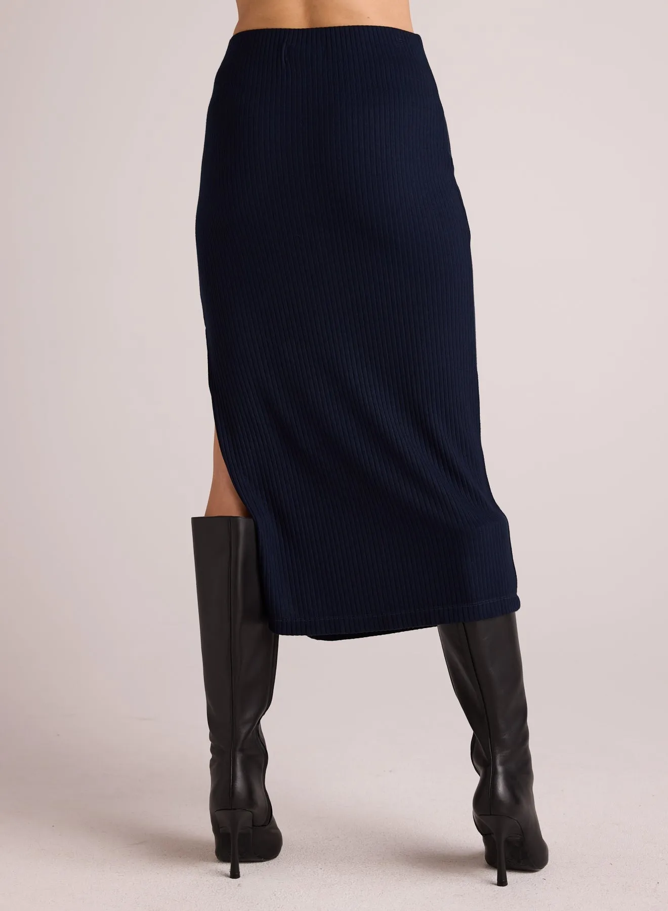 Clean Waist Knit Skirt with Side Slit - Navy Storm