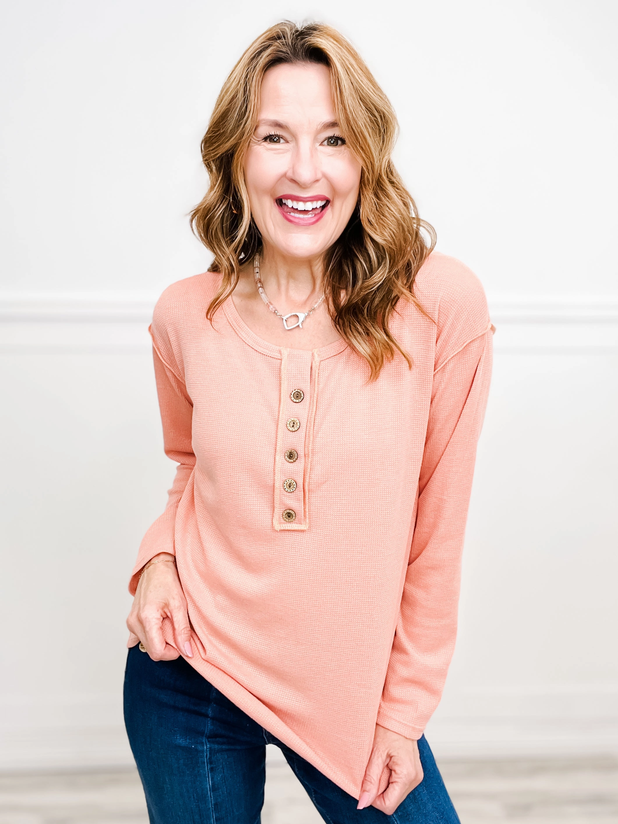 Cozy Stitched Button Detail Round Neck Top