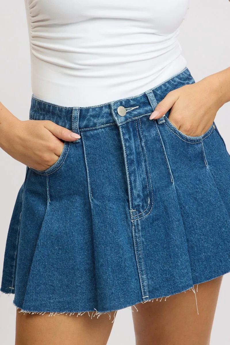 Denim Pleated Skirt High Rise Mini