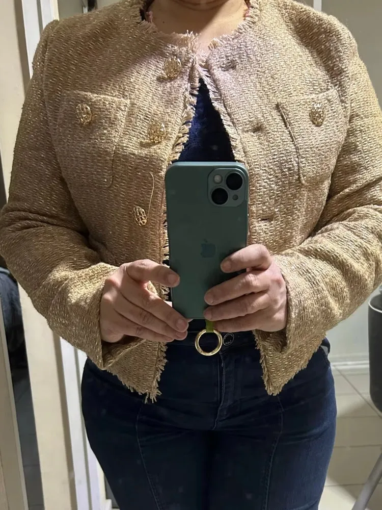Fashion O-neck Pocket Tweed Short Coats