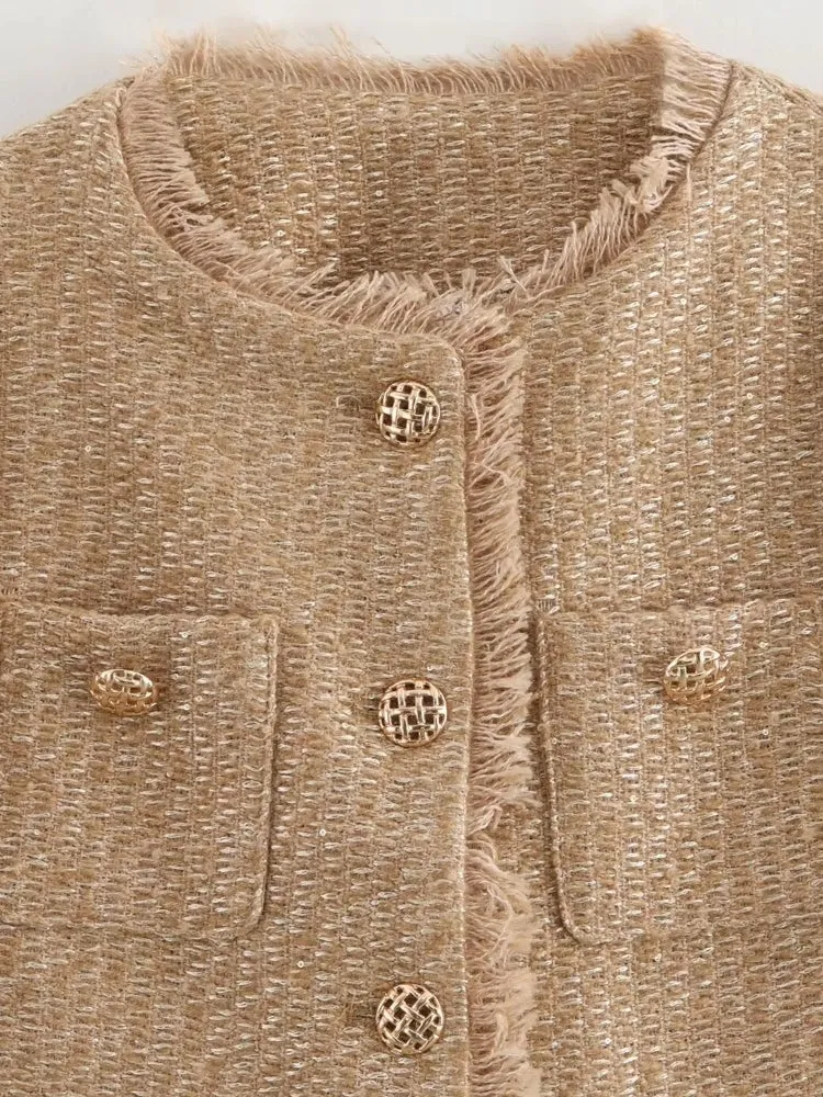 Fashion O-neck Pocket Tweed Short Coats