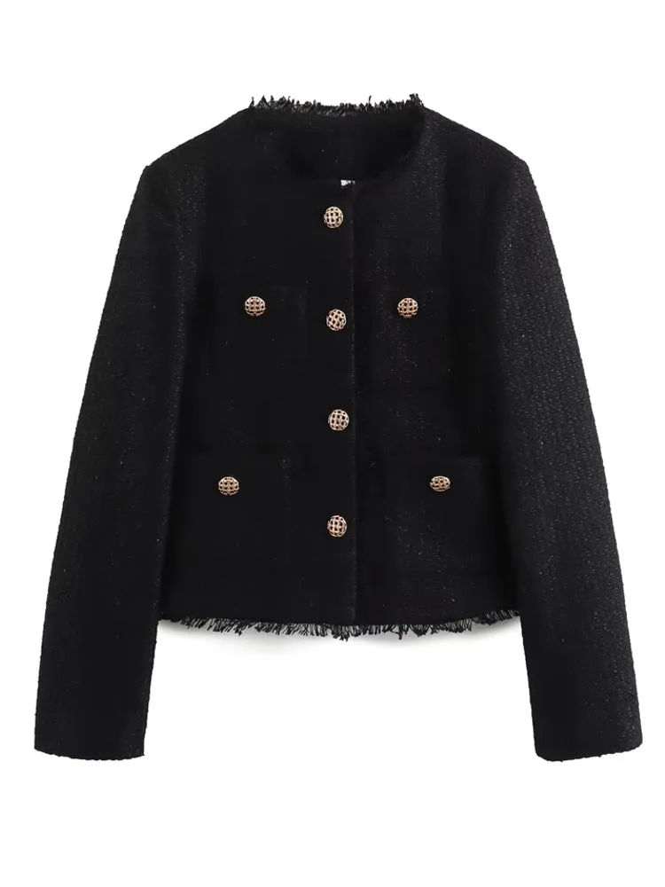 Fashion O-neck Pocket Tweed Short Coats