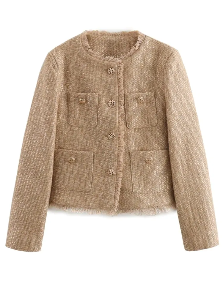 Fashion O-neck Pocket Tweed Short Coats