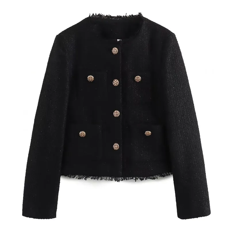 Fashion O-neck Pocket Tweed Short Coats