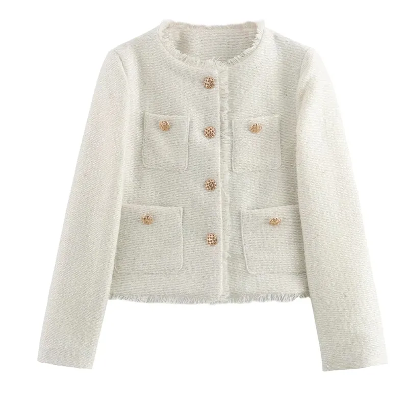 Fashion O-neck Pocket Tweed Short Coats