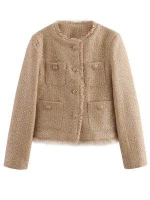 Fashion O-neck Pocket Tweed Short Coats