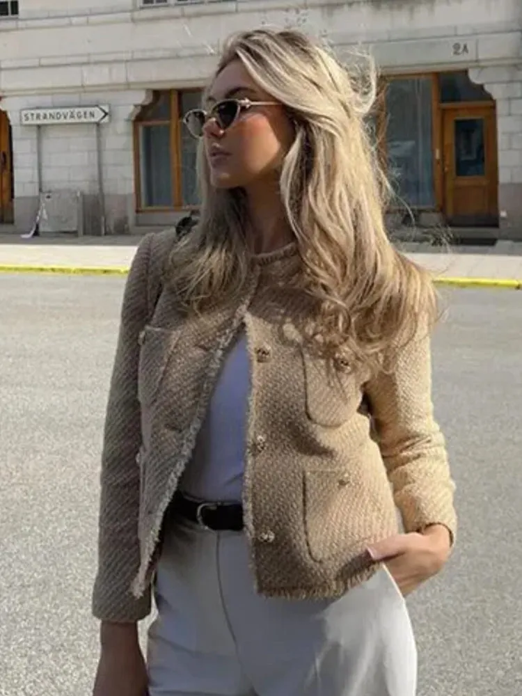Fashion O-neck Pocket Tweed Short Coats