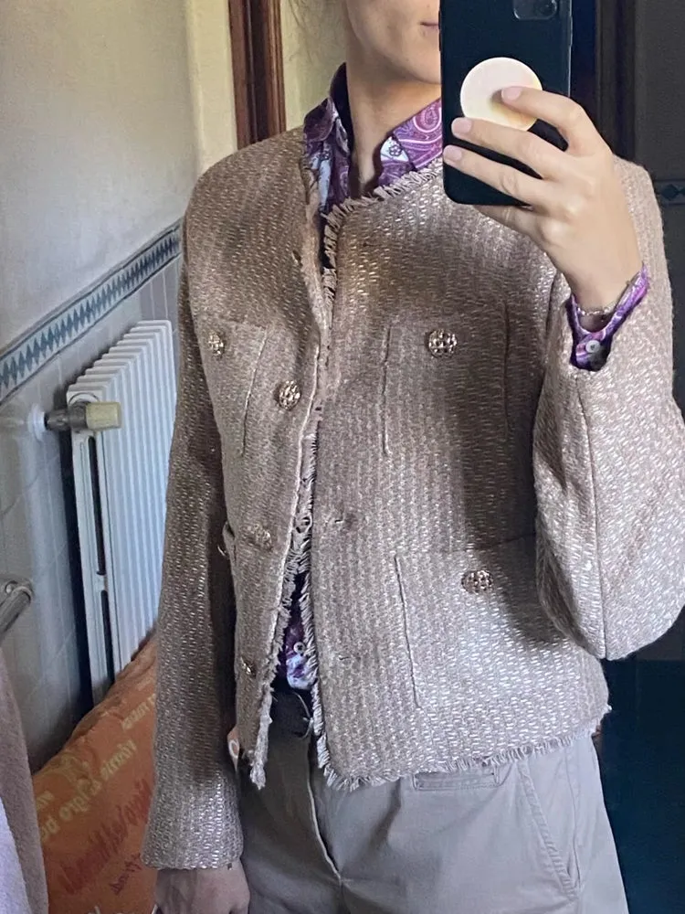 Fashion O-neck Pocket Tweed Short Coats