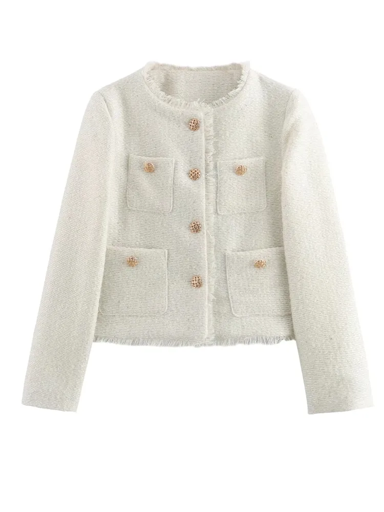 Fashion O-neck Pocket Tweed Short Coats