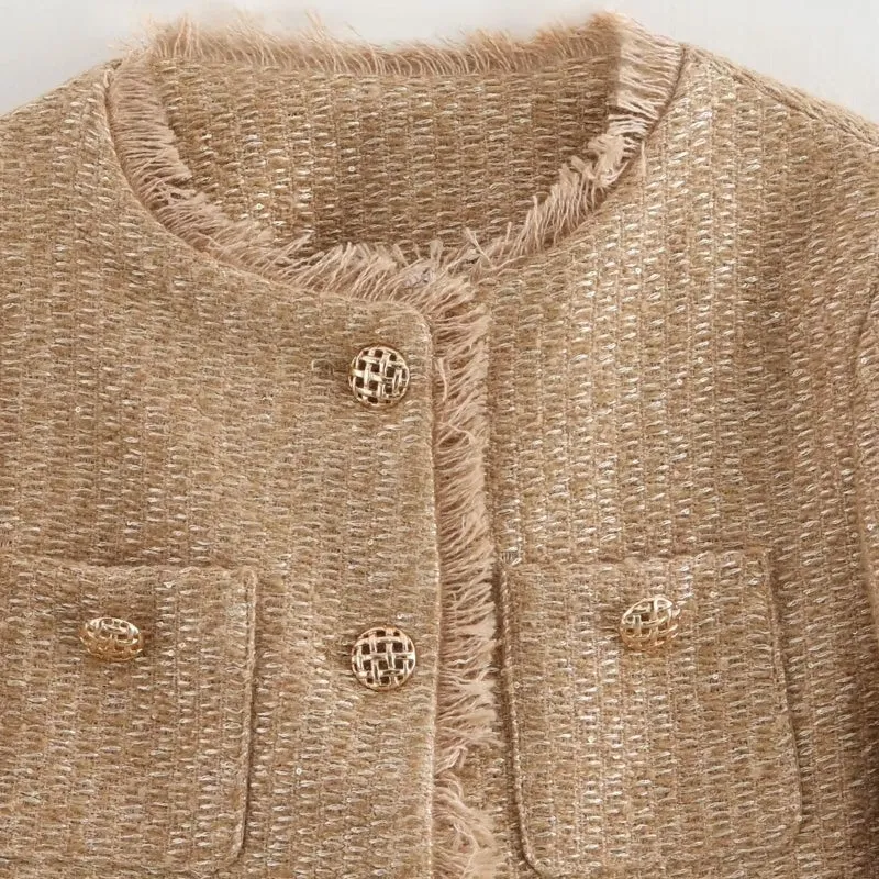 Fashion O-neck Pocket Tweed Short Coats