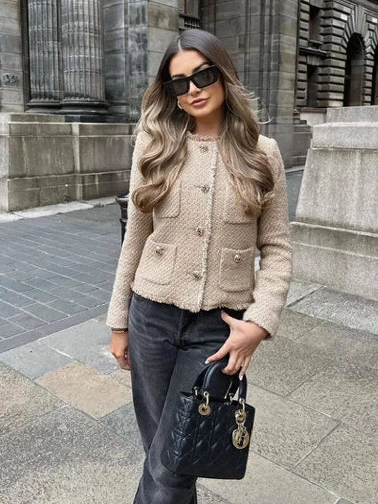 Fashion O-neck Pocket Tweed Short Coats