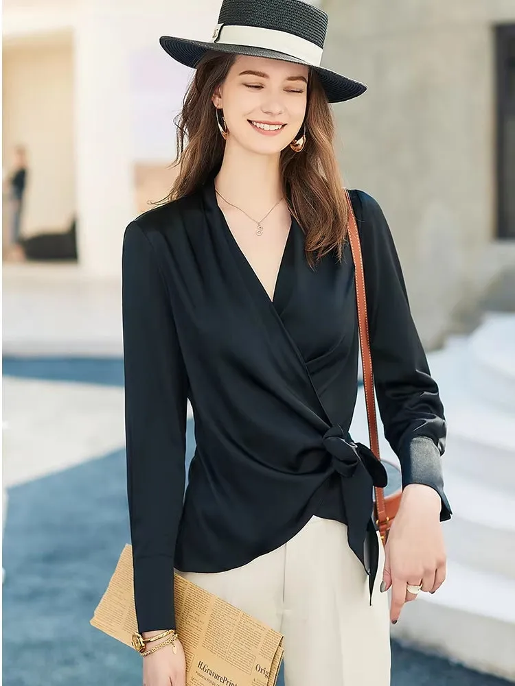 Female Stylish Glossy Satin Shirt Leopard Blouse Bat Sleeve Bandage Party Tops