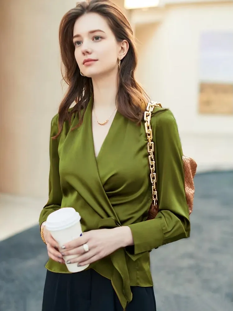 Female Stylish Glossy Satin Shirt Leopard Blouse Bat Sleeve Bandage Party Tops