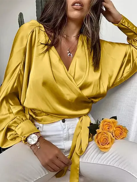 Female Stylish Glossy Satin Shirt Leopard Blouse Bat Sleeve Bandage Party Tops