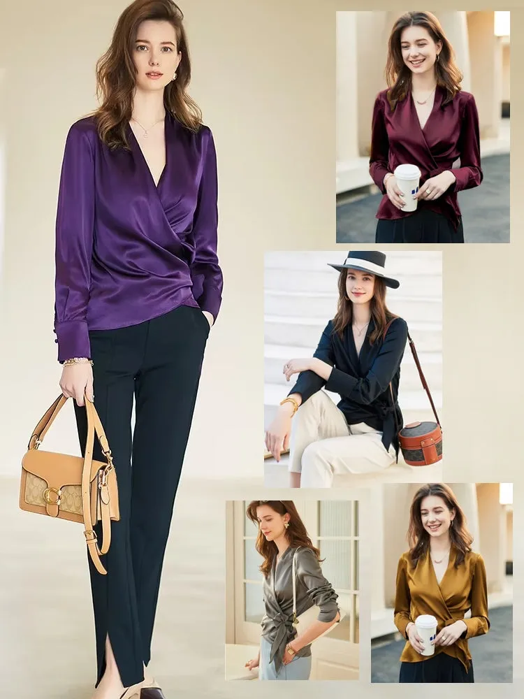 Female Stylish Glossy Satin Shirt Leopard Blouse Bat Sleeve Bandage Party Tops