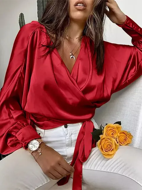 Female Stylish Glossy Satin Shirt Leopard Blouse Bat Sleeve Bandage Party Tops