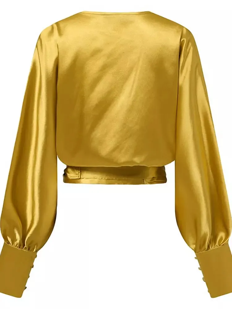 Female Stylish Glossy Satin Shirt Leopard Blouse Bat Sleeve Bandage Party Tops