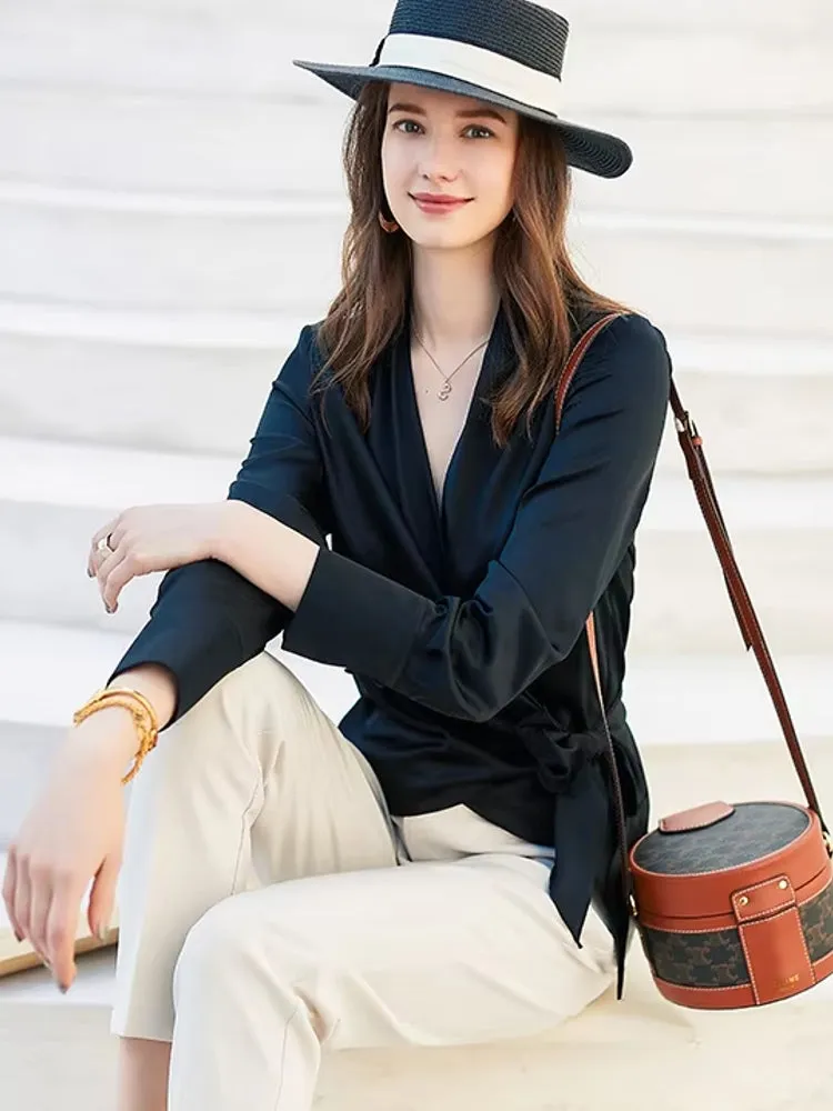 Female Stylish Glossy Satin Shirt Leopard Blouse Bat Sleeve Bandage Party Tops