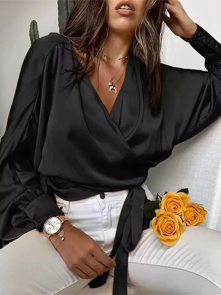 Female Stylish Glossy Satin Shirt Leopard Blouse Bat Sleeve Bandage Party Tops