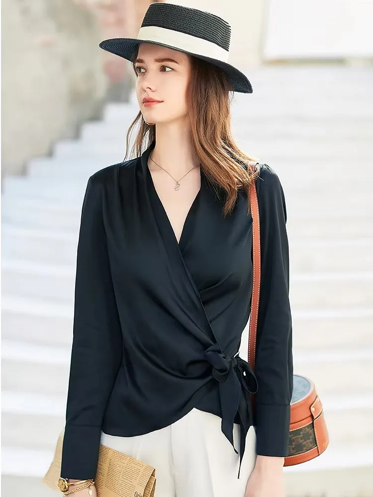 Female Stylish Glossy Satin Shirt Leopard Blouse Bat Sleeve Bandage Party Tops
