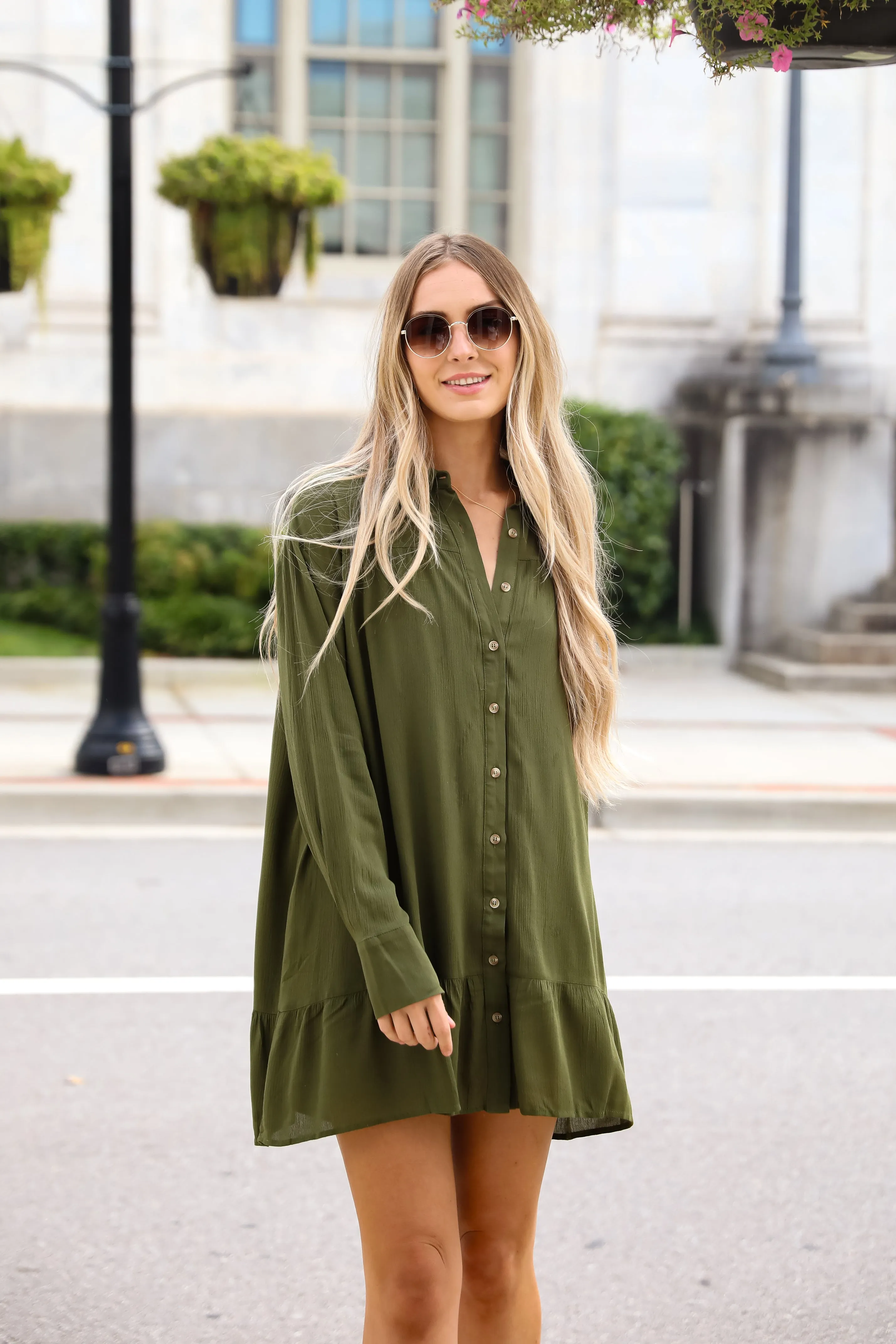 FINAL SALE - Approachably Adorable Olive Button Front Mini Dress
