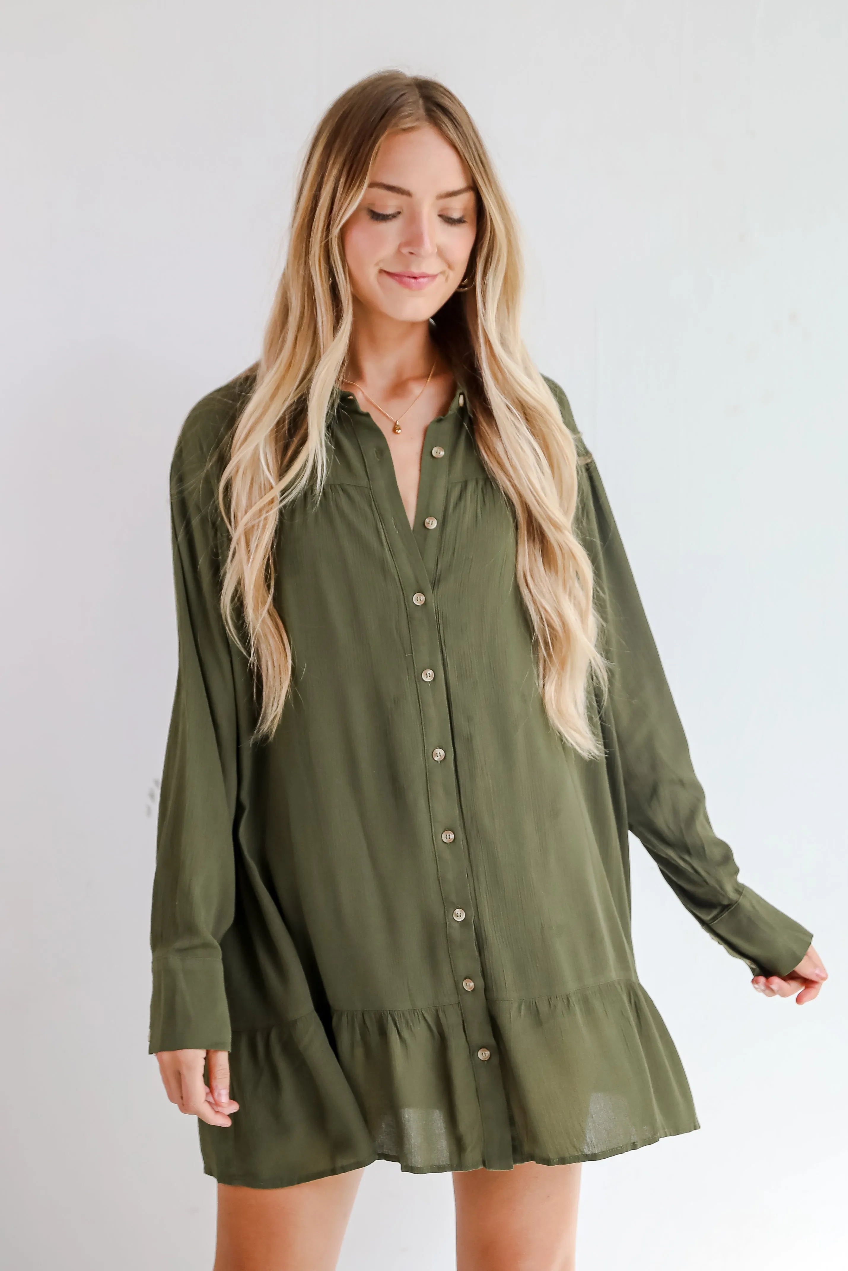 FINAL SALE - Approachably Adorable Olive Button Front Mini Dress