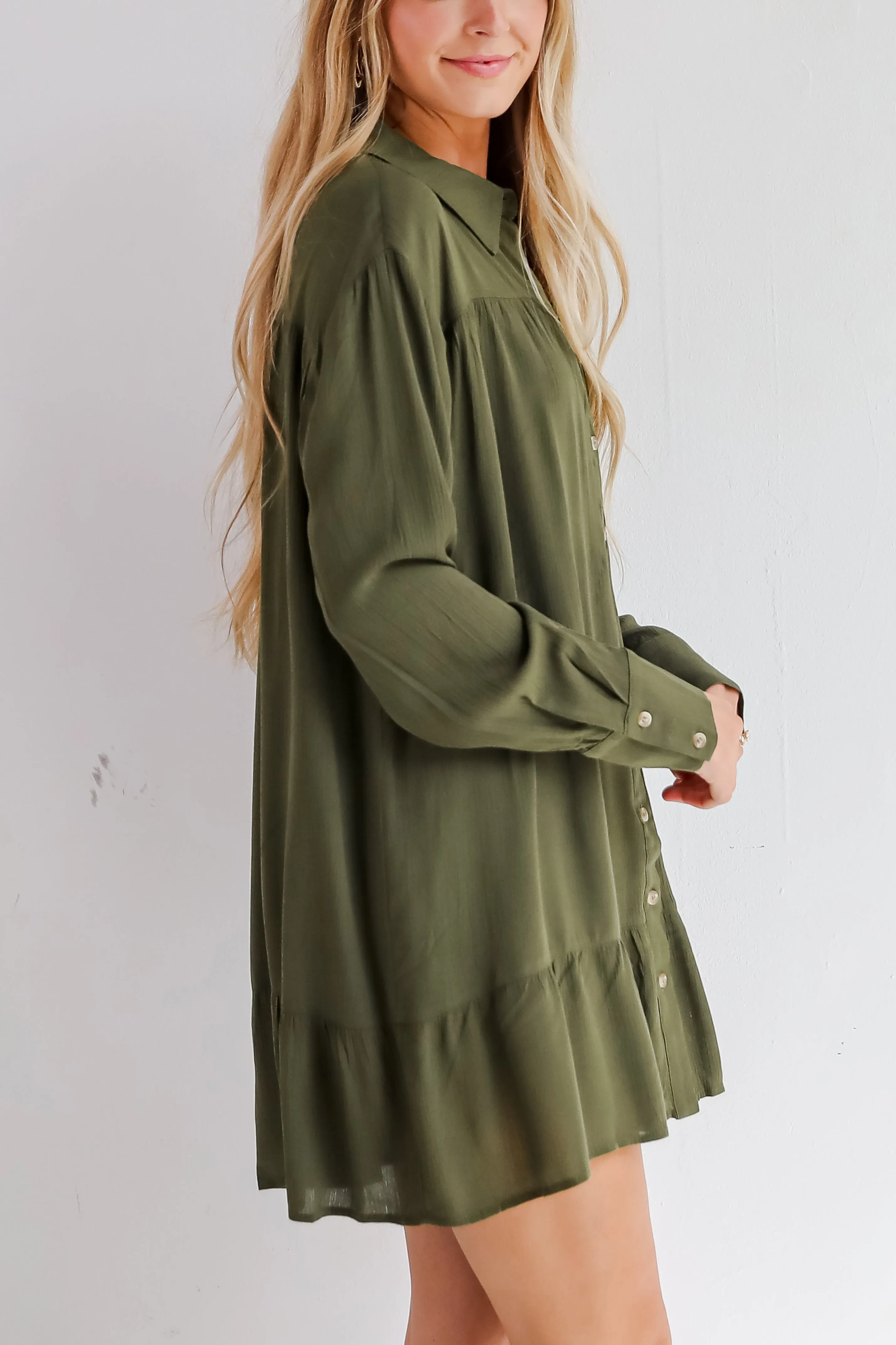 FINAL SALE - Approachably Adorable Olive Button Front Mini Dress