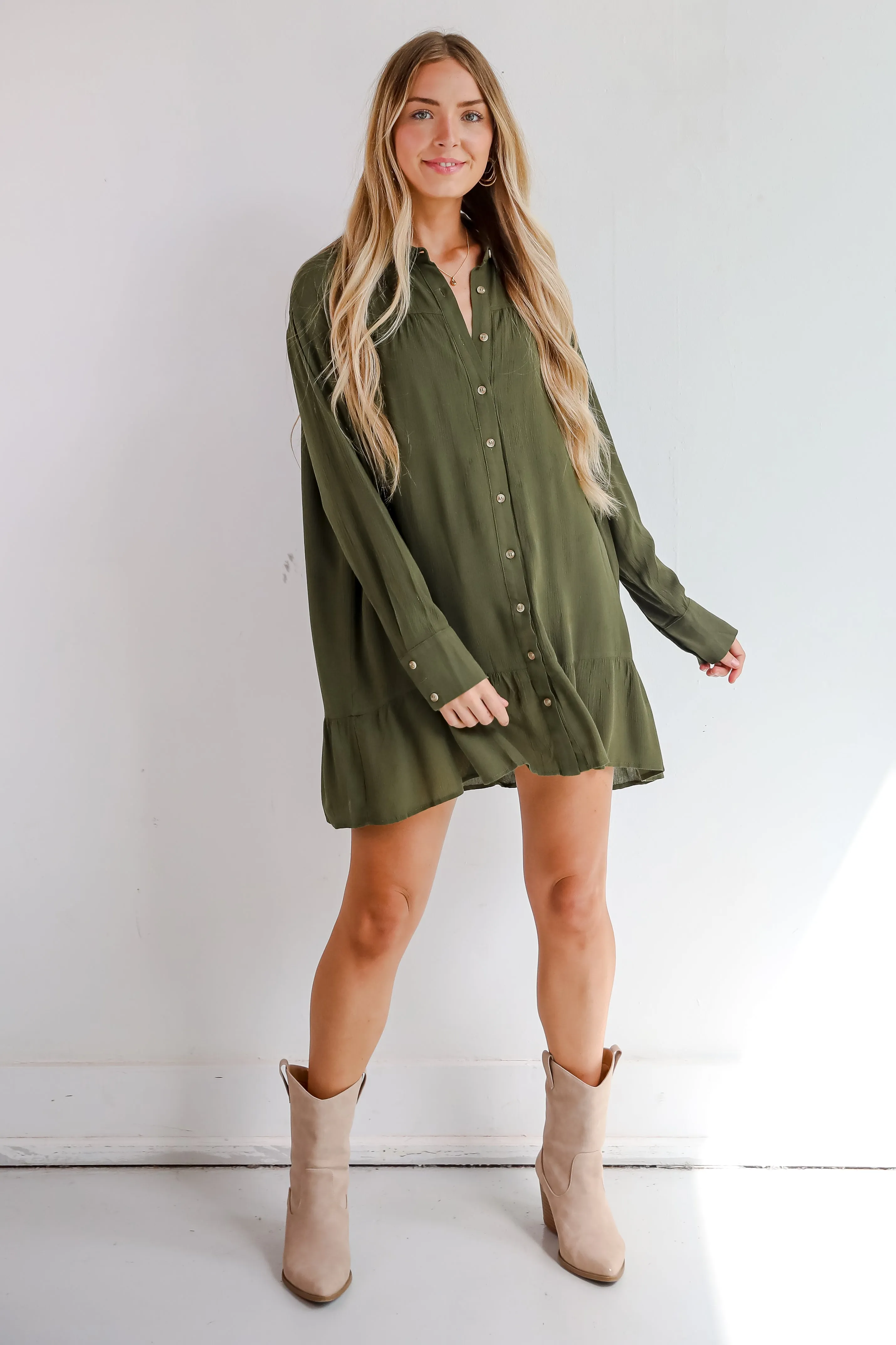 FINAL SALE - Approachably Adorable Olive Button Front Mini Dress