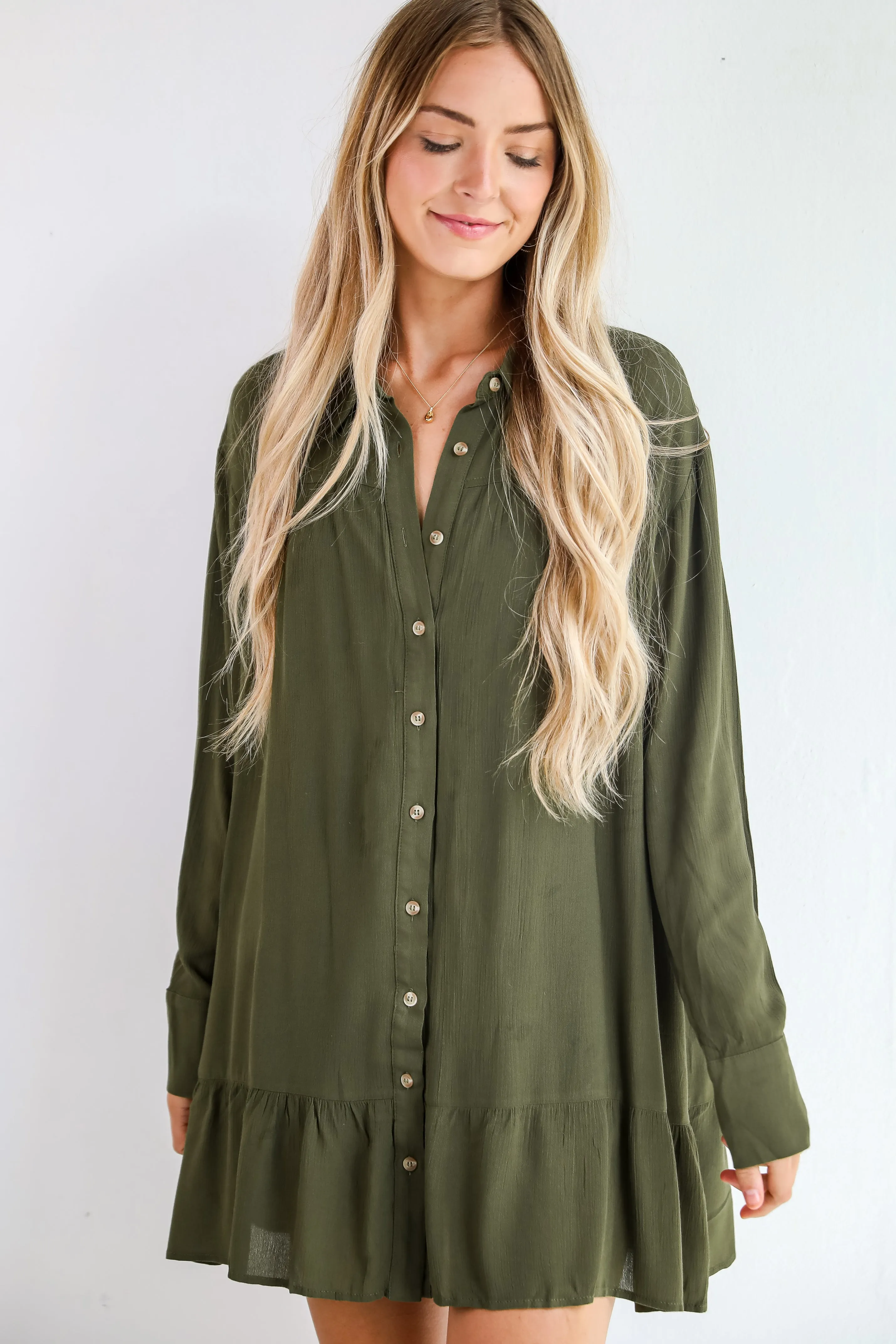 FINAL SALE - Approachably Adorable Olive Button Front Mini Dress