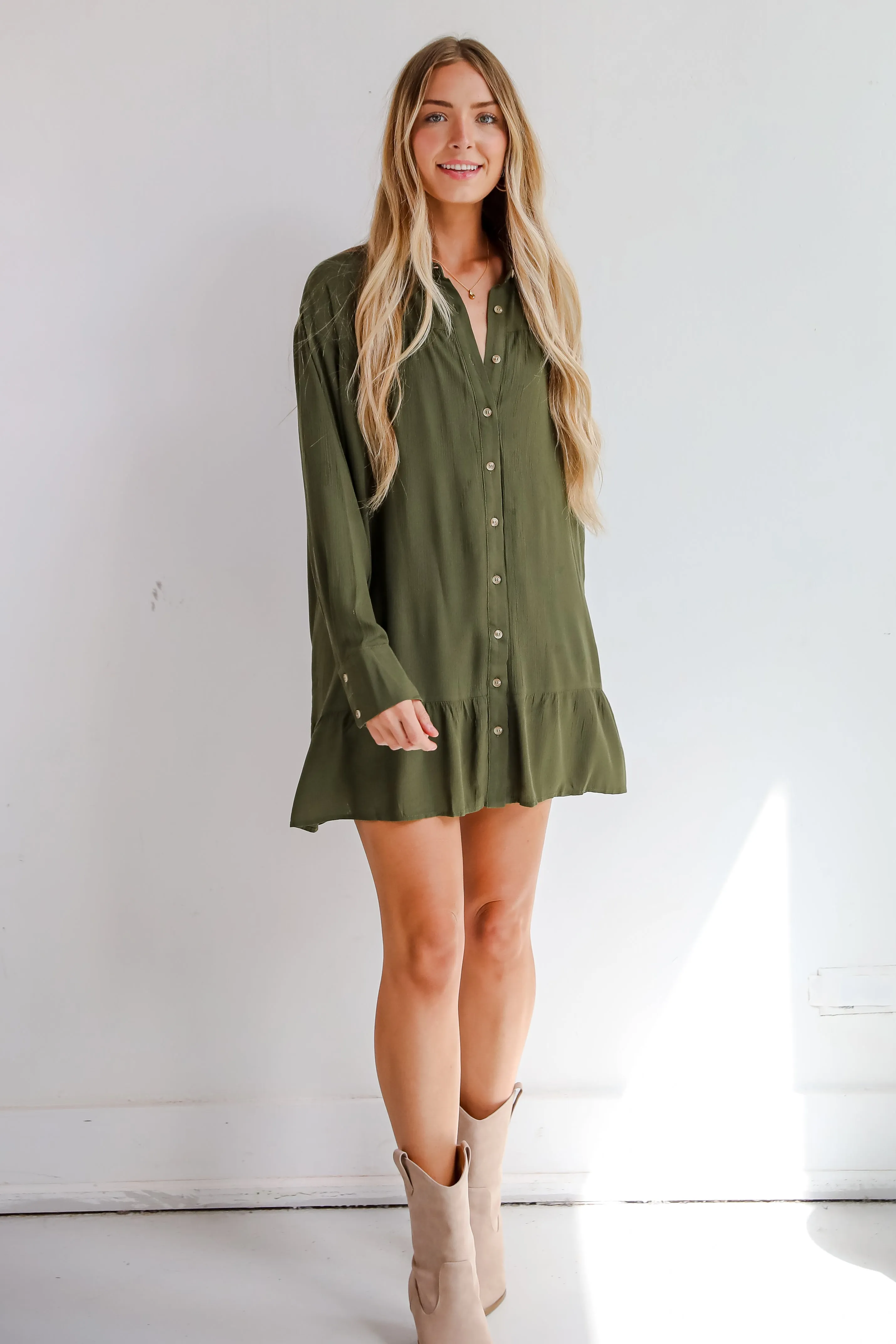 FINAL SALE - Approachably Adorable Olive Button Front Mini Dress