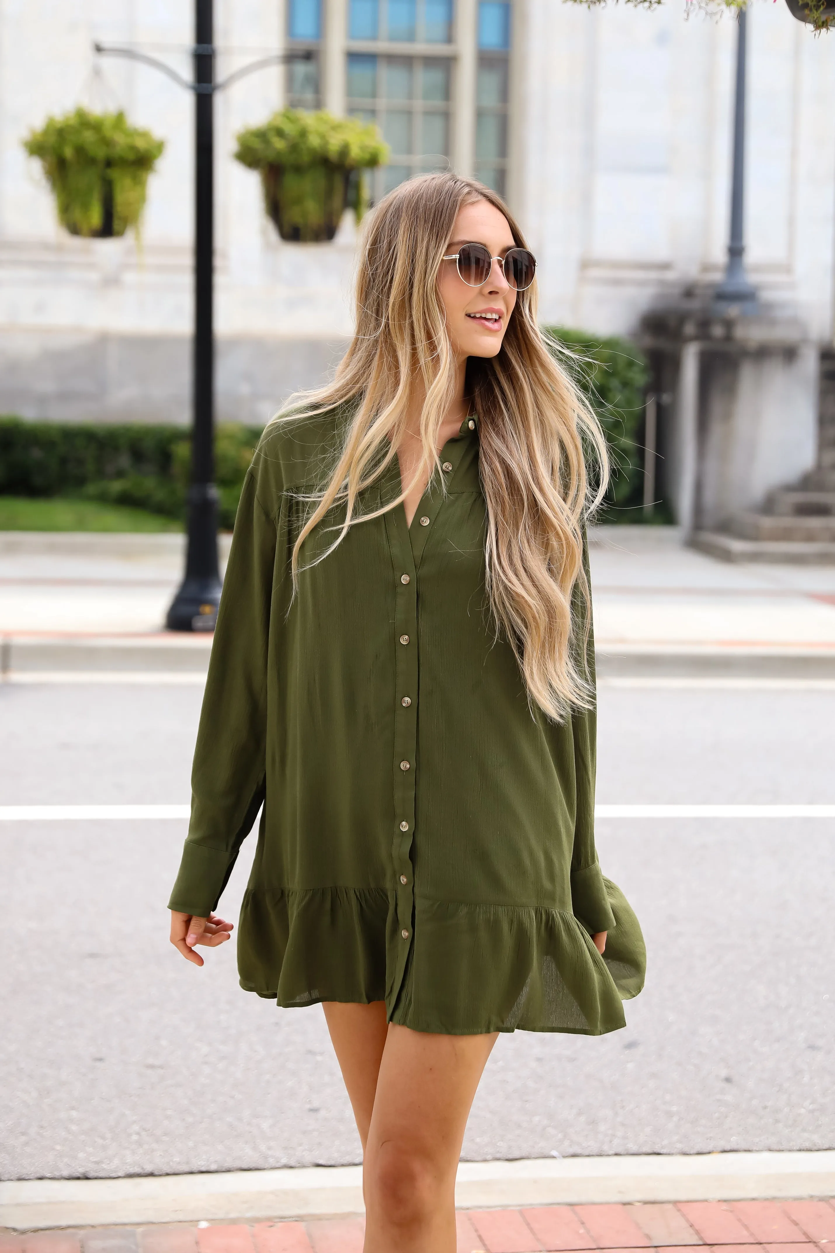 FINAL SALE - Approachably Adorable Olive Button Front Mini Dress