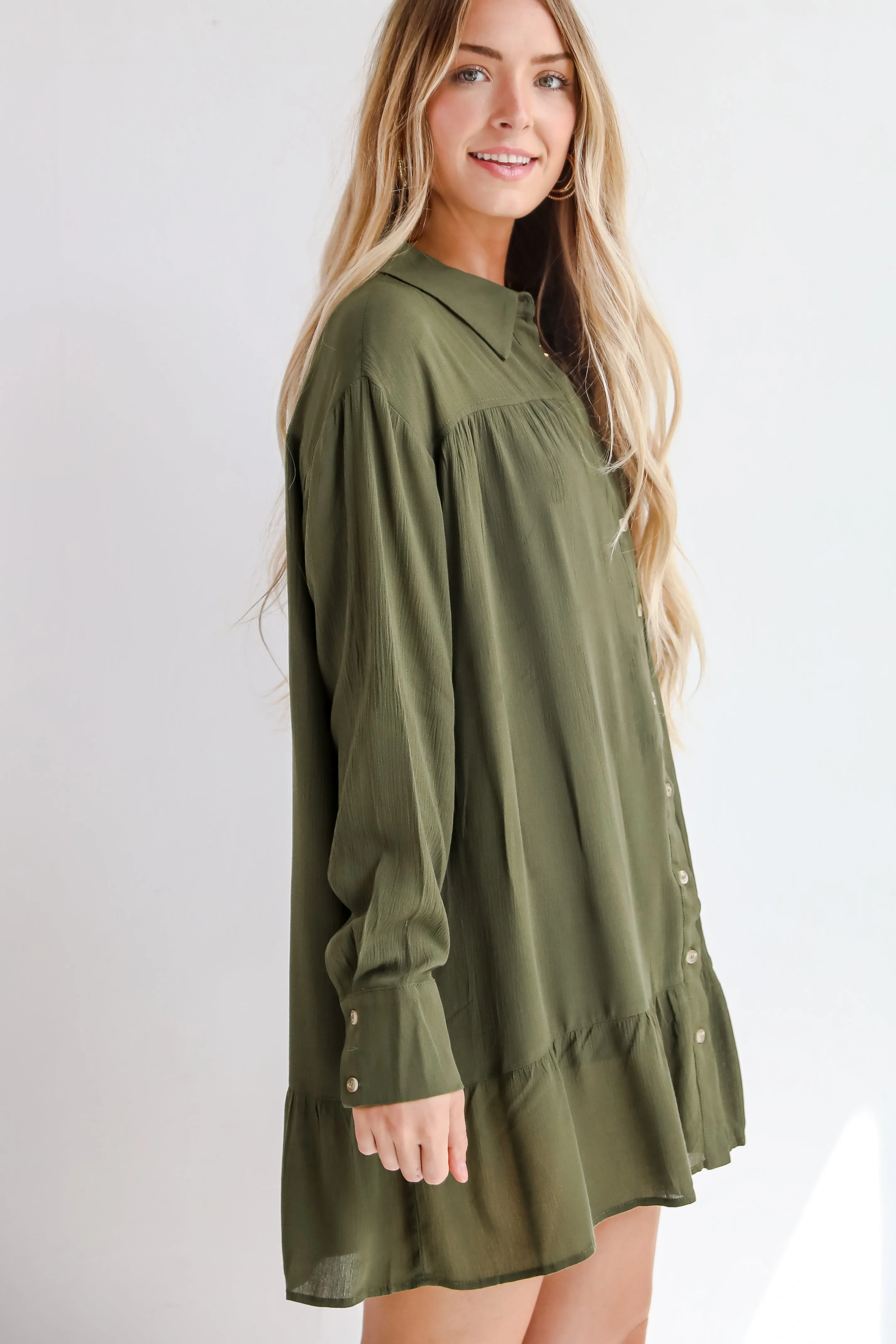 FINAL SALE - Approachably Adorable Olive Button Front Mini Dress