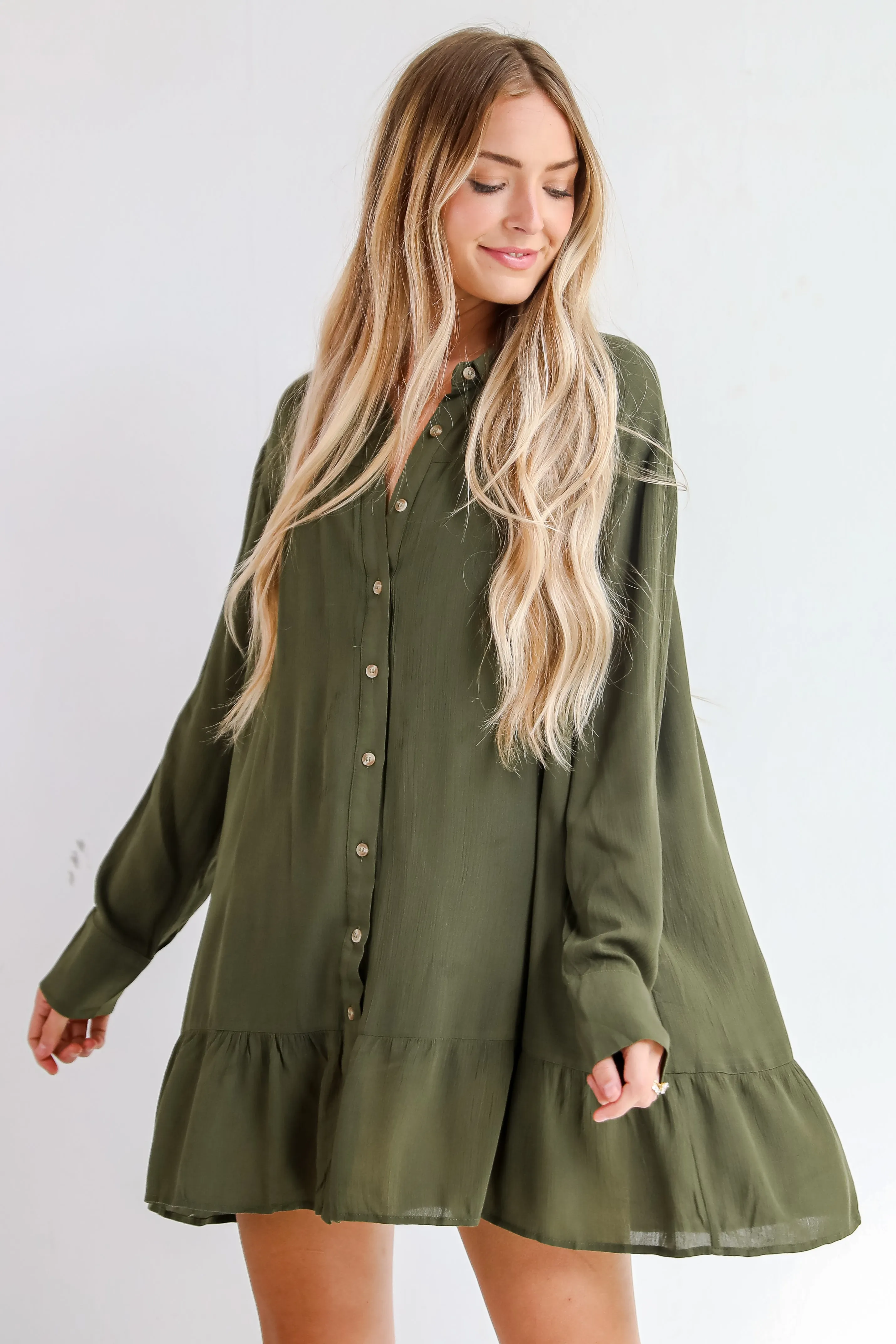 FINAL SALE - Approachably Adorable Olive Button Front Mini Dress