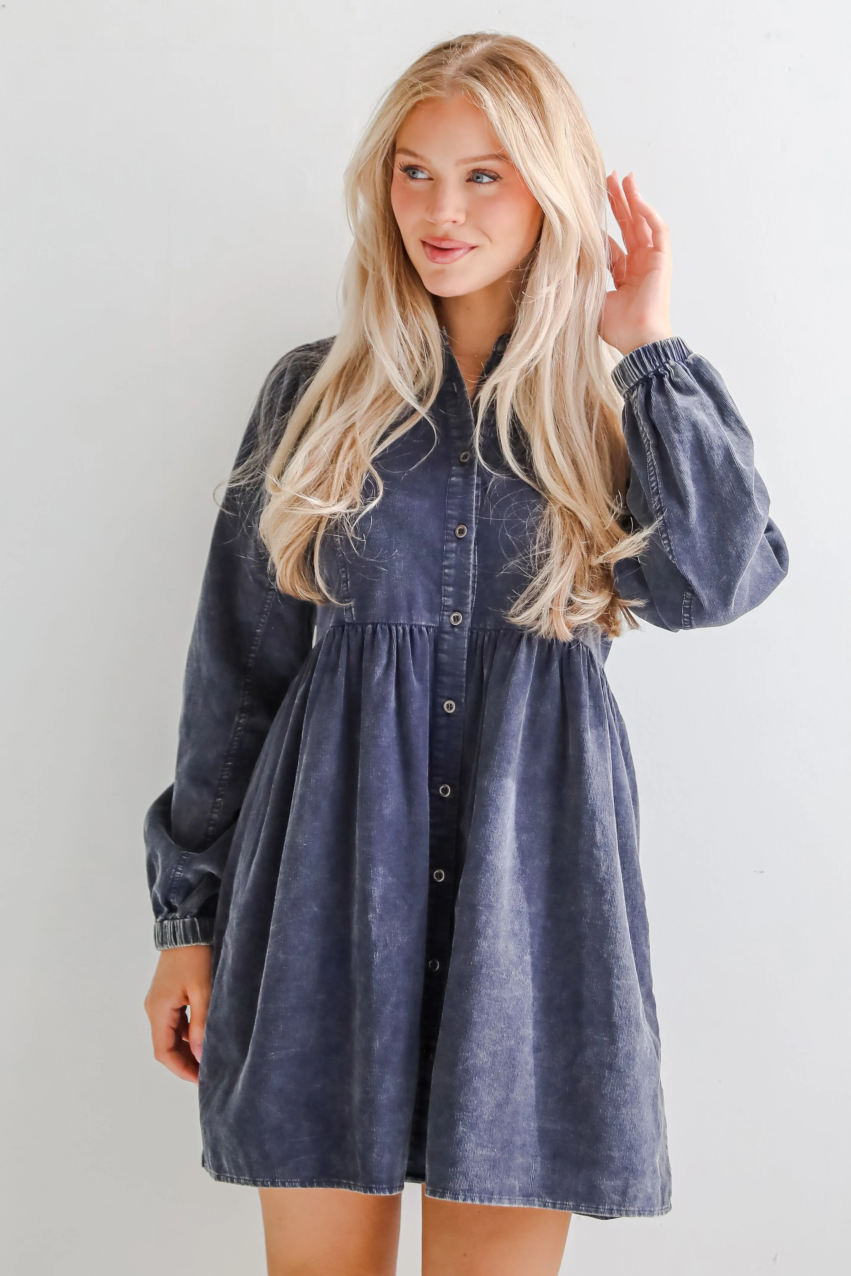 FINAL SALE - Cutest Expectation Charcoal Corduroy Babydoll Mini Dress