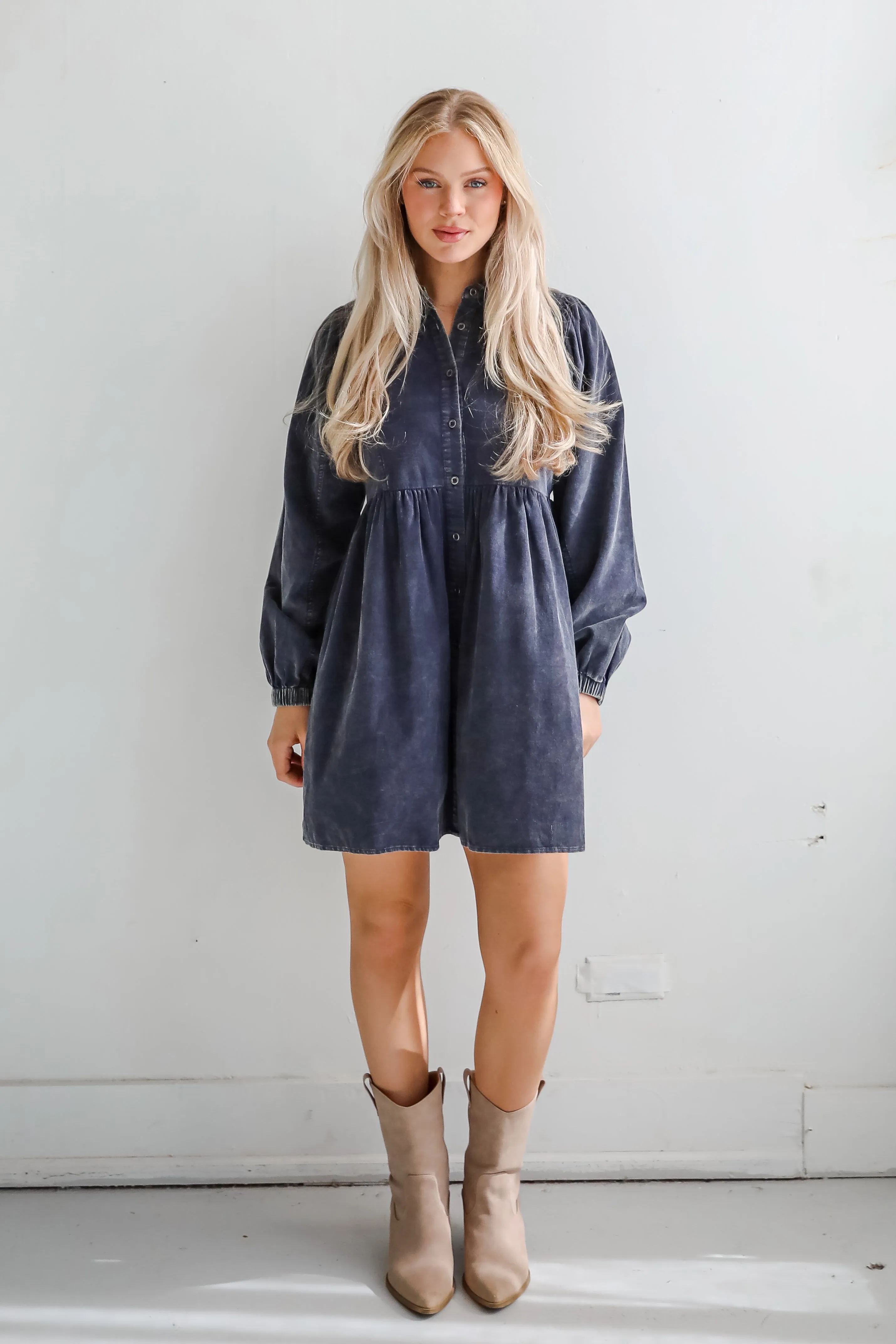 FINAL SALE - Cutest Expectation Charcoal Corduroy Babydoll Mini Dress