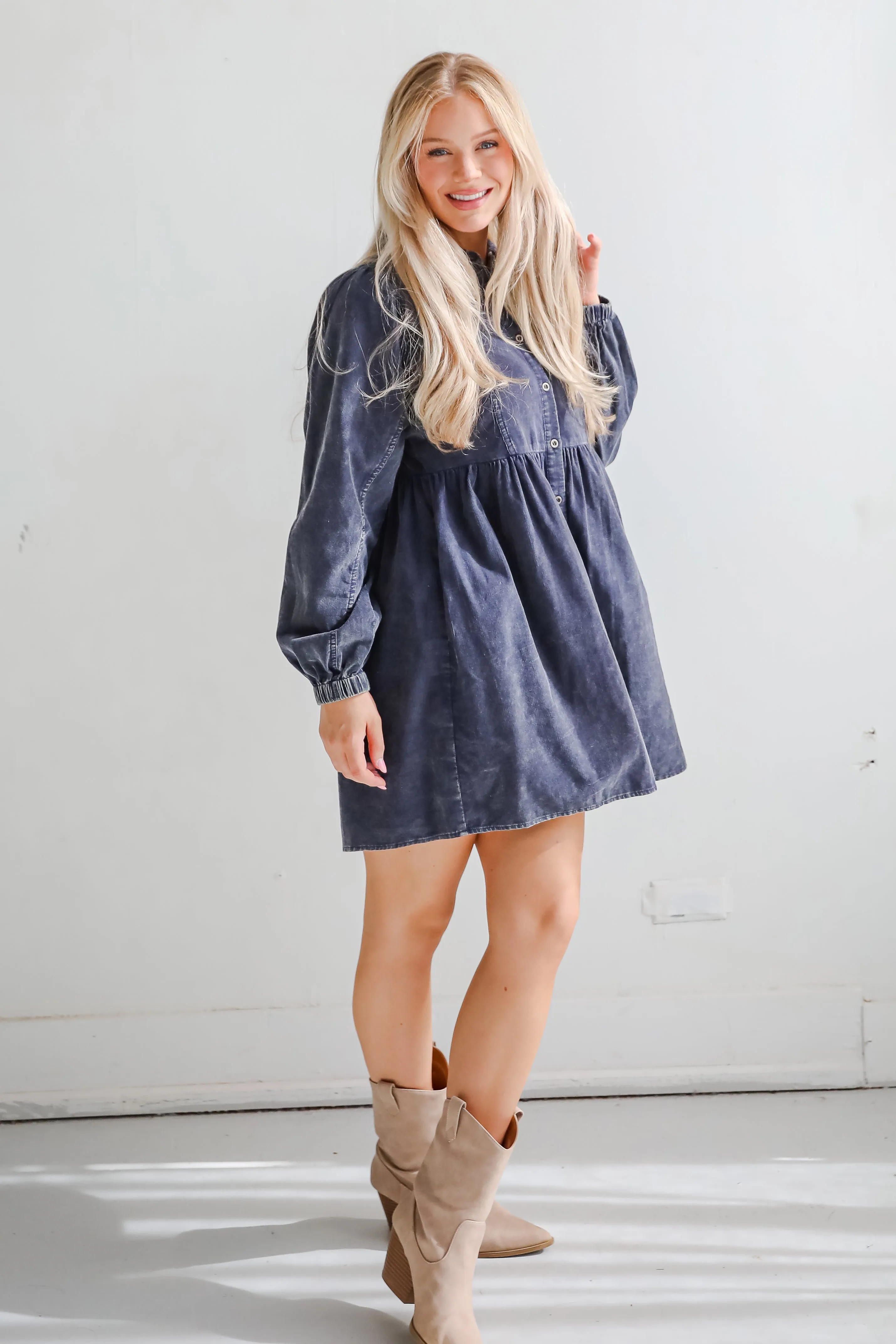 FINAL SALE - Cutest Expectation Charcoal Corduroy Babydoll Mini Dress