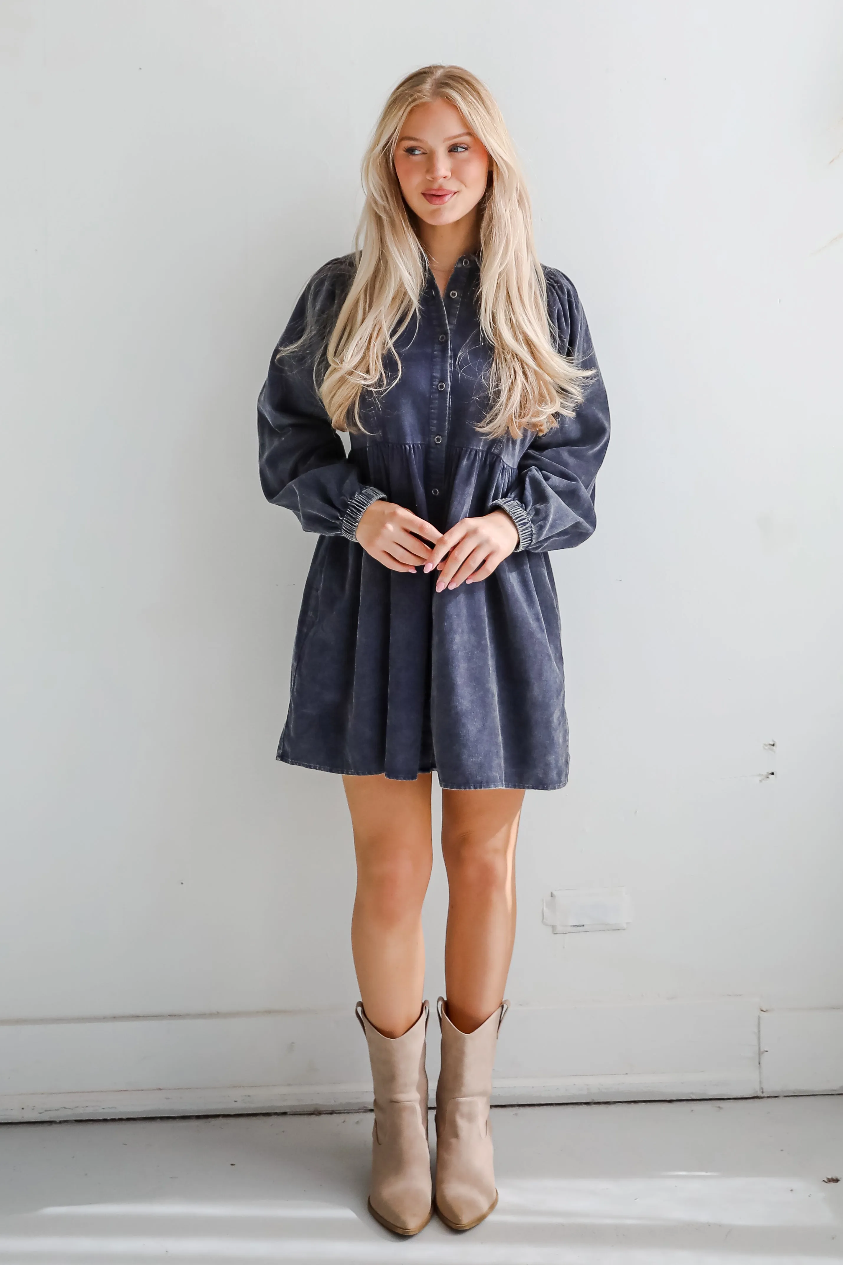 FINAL SALE - Cutest Expectation Charcoal Corduroy Babydoll Mini Dress