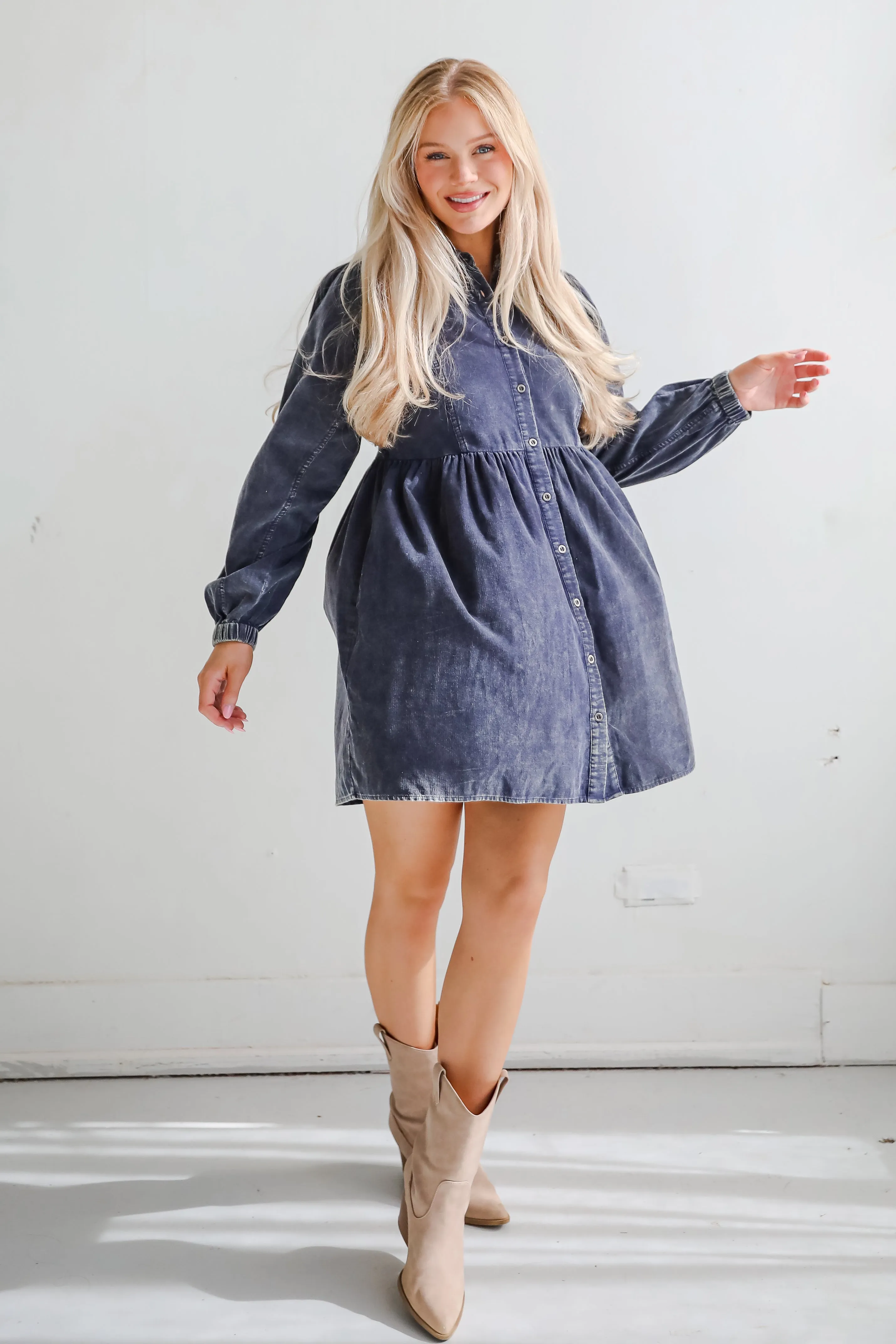 FINAL SALE - Cutest Expectation Charcoal Corduroy Babydoll Mini Dress